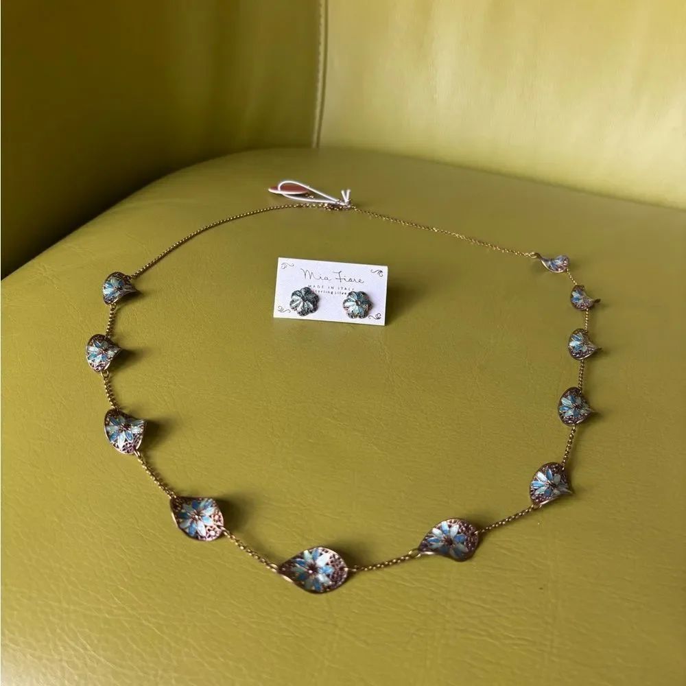 Mia Fiore Dyadema Sterling Silver Enamel Floral Necklace Earrings Made in Italy